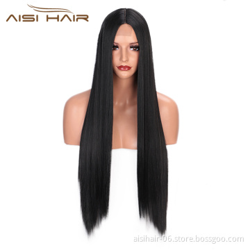 Aisi Hair Long Silky Straight Middle Part Black Cosplay Party Wig Lace Front Synthetic Fiber Hair Wigs For White Black Women